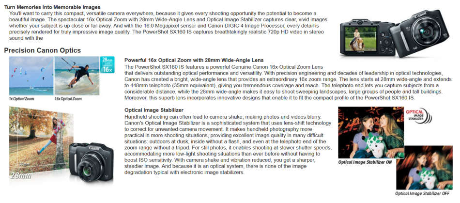 Canon PowerShot SX160 IS 16.0 MP Digital Camera with 16x Wide-Angle Optical Image Stabilized Zoom